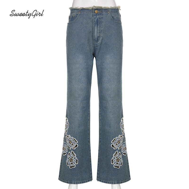 Quần Jeans Lưng Thấp Ống Loe Thêu Họa Tiết Thời Trang Đường Phố Cho Nữ 2022