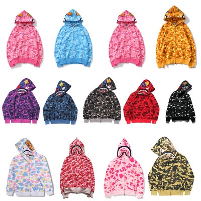 Ngụy trang bông nguyên chất Áo Khoác Hoodie Bape Phối Khóa Kéo Họa Tiết Đầu Cá Mập Phong Cách Nhật Bản 20 Kiểu Lựa Chọn Cho Cặp Đôi