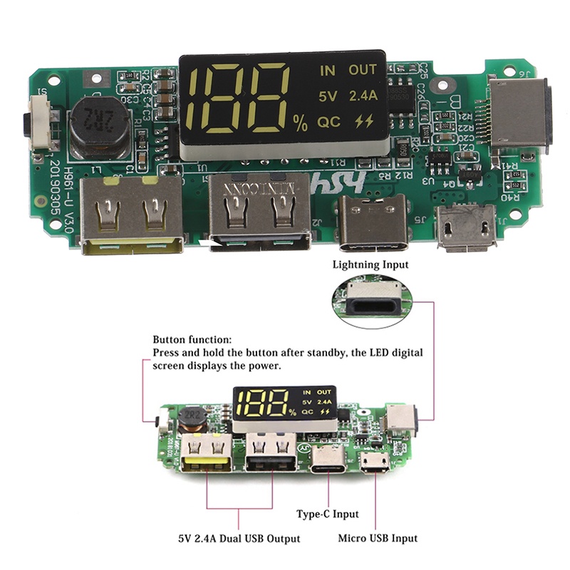 Bảng Mạch Sạc Pin Dự Phòng Usb Kép 5v 2.4a Type-C / Micro / Lightning 18650