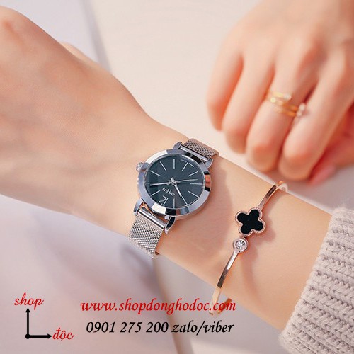 Đồng hồ nữ Julius Hàn Quốc 732 dây kim loại lưới bạc mặt tròn đen cá tính ĐHĐ25402