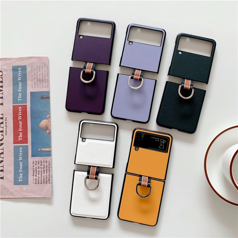 Ốp điện thoại gập da cứng có vòng đỡ xỏ ngón bảo vệ cho Samsung Galaxy Z Flip 3