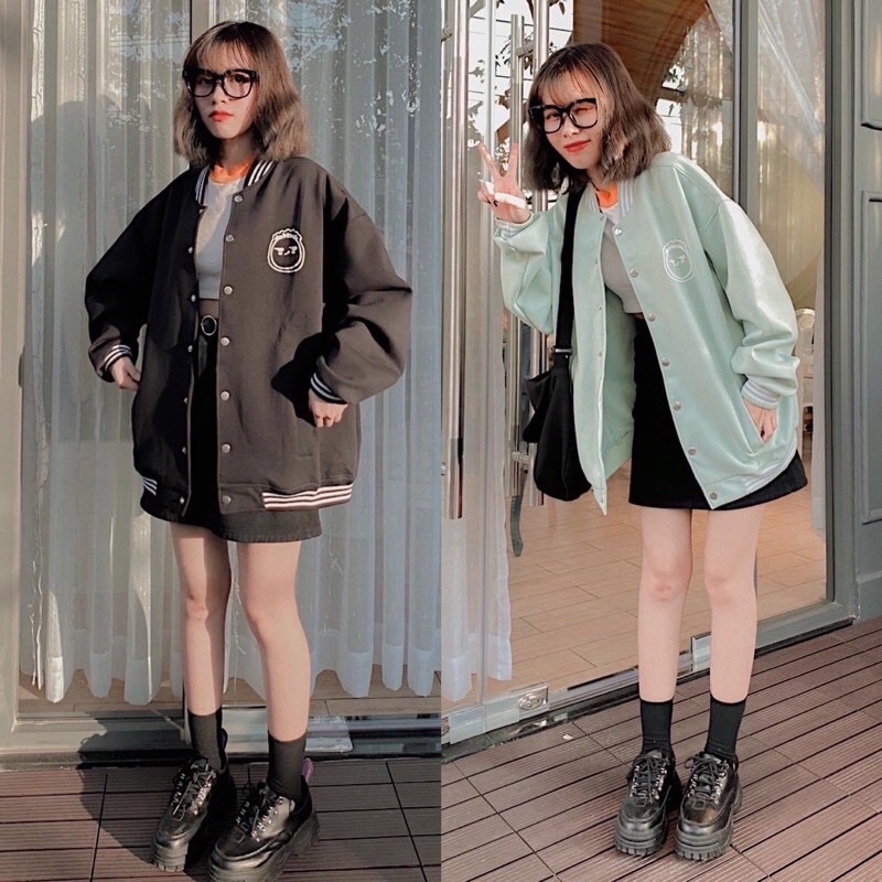 Áo khoác bomber F màu ĐEN/MINT ❤️ Nam nữ unisex/Áo khoác bóng chày form rộng ❤️