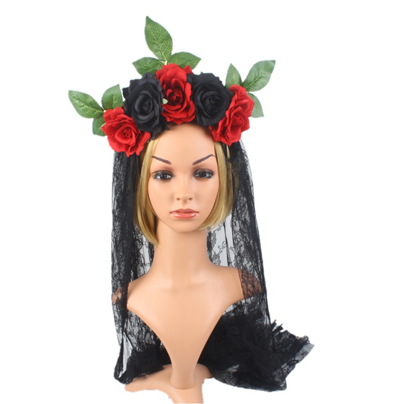 Băng Đô Cài Tóc Phối Lưới Họa Tiết Hoa Hồng Phong Cách Halloween Thời Trang