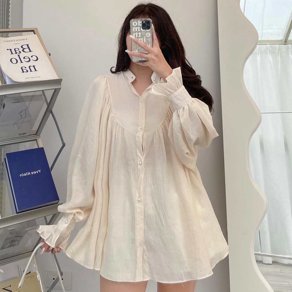 Áo sơ mi kiểu nữ Ulzzang, Áo sơ mi tay bèo phối khuy dáng rộng tiểu thư xinh xắn
