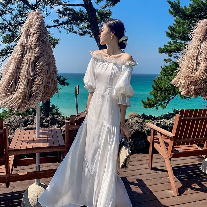 SẴN | Đầm trắng trễ vai hở lưng Vintage tiểu thư chất đẹp hàng Quảng châu