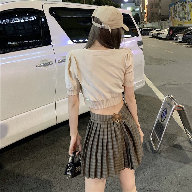 Áo Croptop Dệt Kim Tay Phồng Phối Ren Thời Trang Mùa Xuân Hàn Quốc Ngọt Ngào