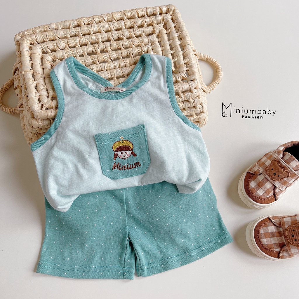 Bộ quần áo thiết kế 2 cotton dây cho bé gái phối túi thêu xinh xắn, miniumbabyfashion SB1226, bộ không tay hè