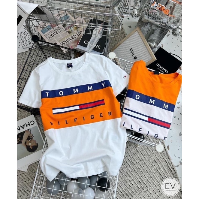 Áo phông phối cam trắng chất cotton cho nữ