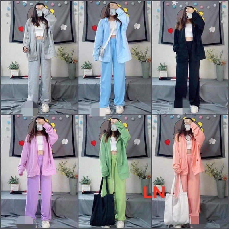 bộ nỉ trơn khoá kéo quần bom chun gấu các màu LN65