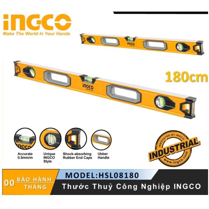 ĐỒ NGHỀ INGCO Thước thủy 120cm ~ 200cm HSL08120 - HSL08150 - HSL08180 - HSL08200 (Cam kết Chính Hãng 100%)