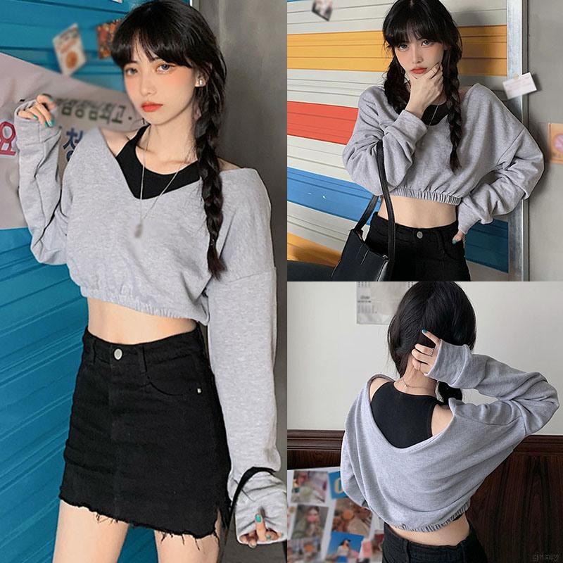 Áo Croptop Nữ Tay Dài Trễ Vai Màu Trơn Phong Cách Hàn Quốc