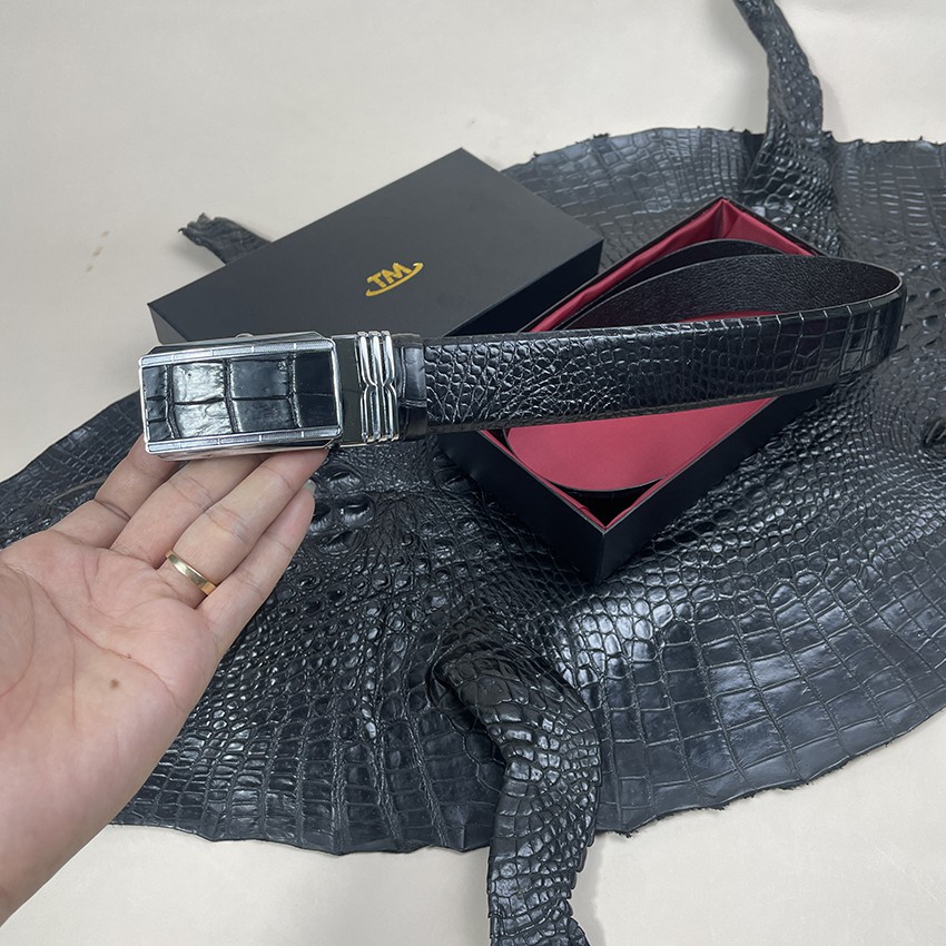 Thắt Lưng Nam Dây Nịt Da Cá Sấu Thật 100% Phần Da Bụng Trơn Màu Đen ST340 BH 24 Tháng Tặng Kèm Hộp