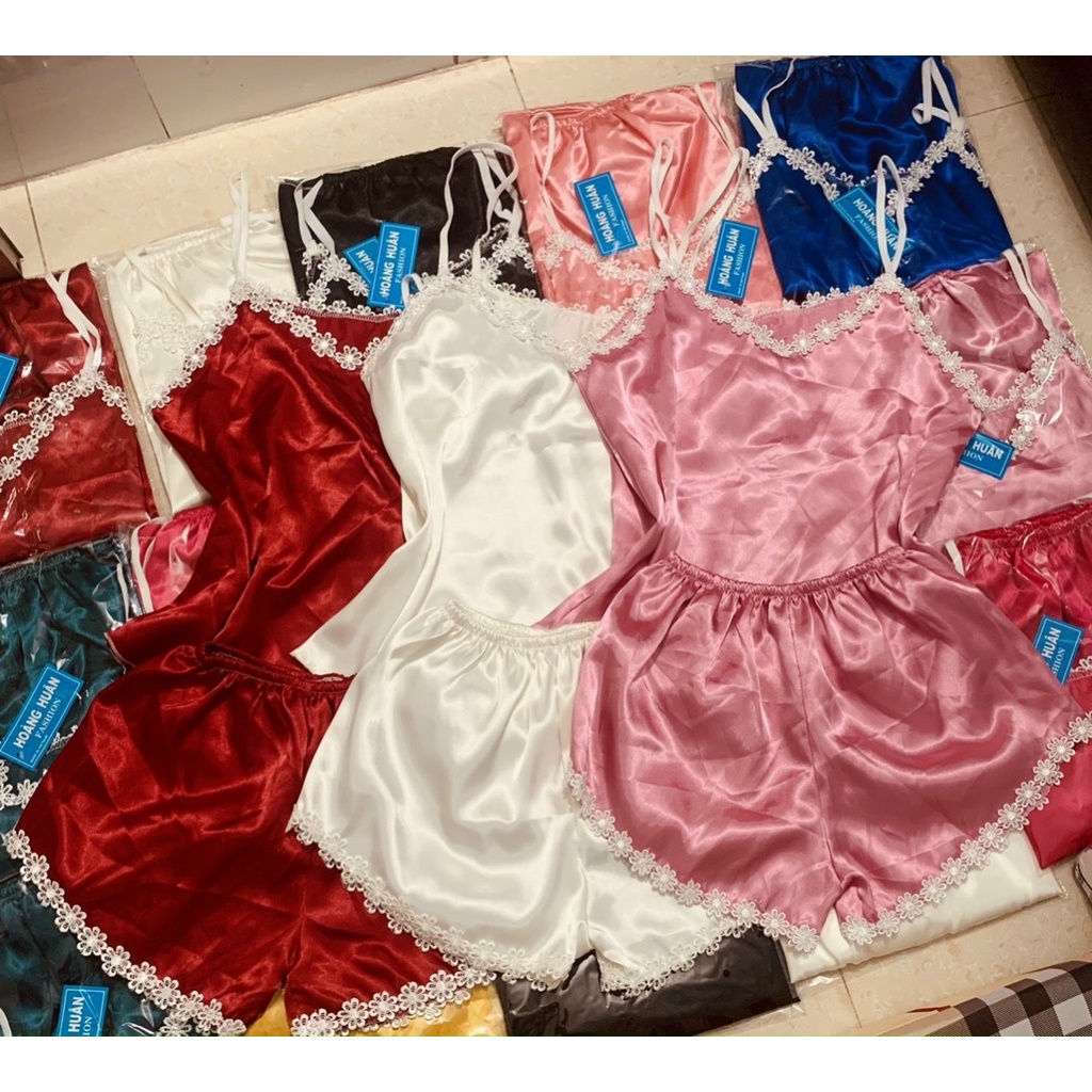 Bộ Lụa 2Dây Phối Ren Sexy Đồ Bộ Mặc Nhà Quần Đùi Dễ Thương.