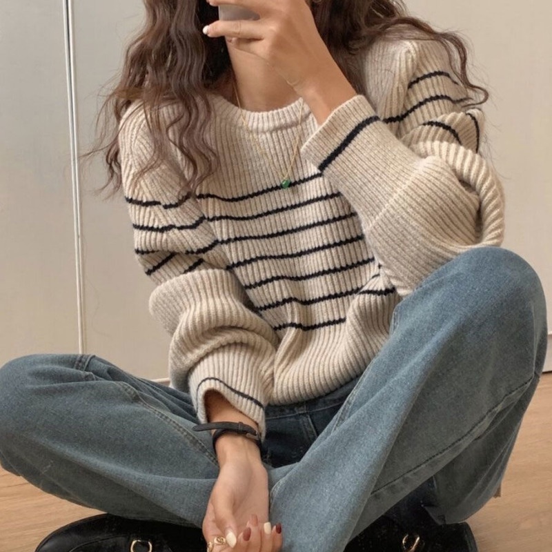 Áo Len Nữ Dài Tay Cổ Tròn Sọc Ngang Thời Trang Hàn