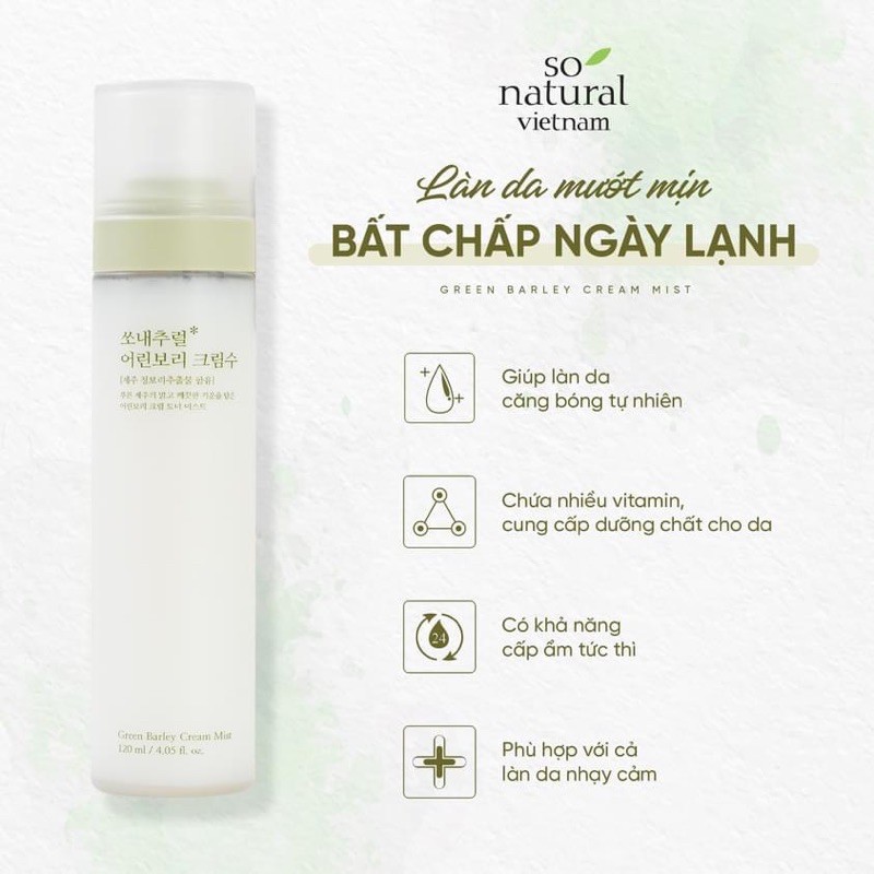 Xịt khoáng cho da mụn I Phục hồi da yếu nhạy cảm I Sonatural Barley mist Cream