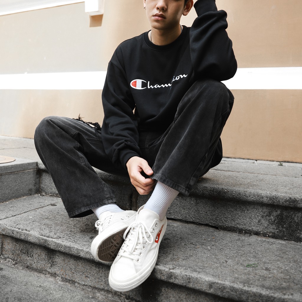 Áo Tay Dài Sweater Champion Màu Đen Thêu Logo To | BigBuy360 - bigbuy360.vn