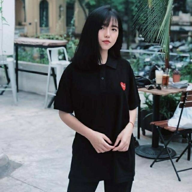 Áo polo cổ bẻ thêu tim đỏ xinh
