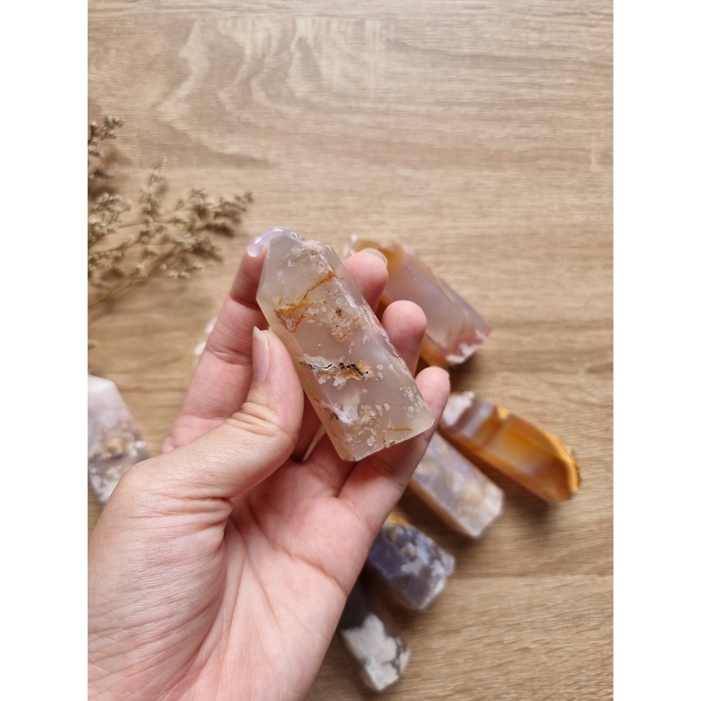 Trụ đá thanh tẩy mã não hoa anh đào (Blossom Agate), dùng trong Tarot, Reiki, thiền định, trụ phong thủy