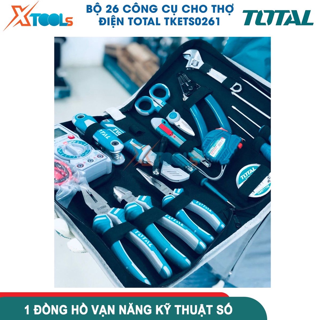 Bộ 26 công cụ dùng cho thợ điện TOTAL TKETS0261, gồm đồng hồ vạn năng kỹ thuật số, 6 inch cờ lê, kềm -CHÍNH HÃNG-XTOOLS