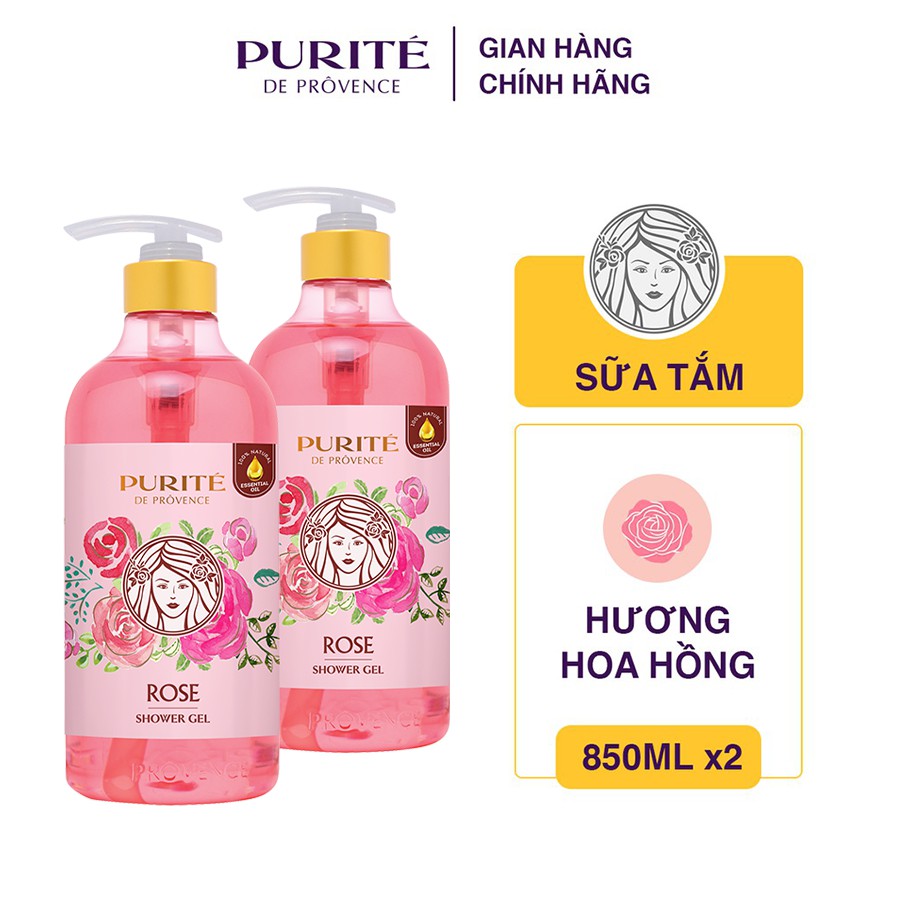 Combo 2 Sữa Tắm Thiên Nhiên Mềm Mịn Hoa Hồng Purité 850ml/chai