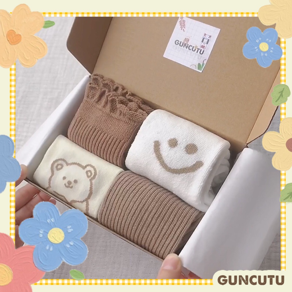 Set tất vớ mix cổ cao và cổ thấp phong cách Vintage trắng nâu - Guncutu