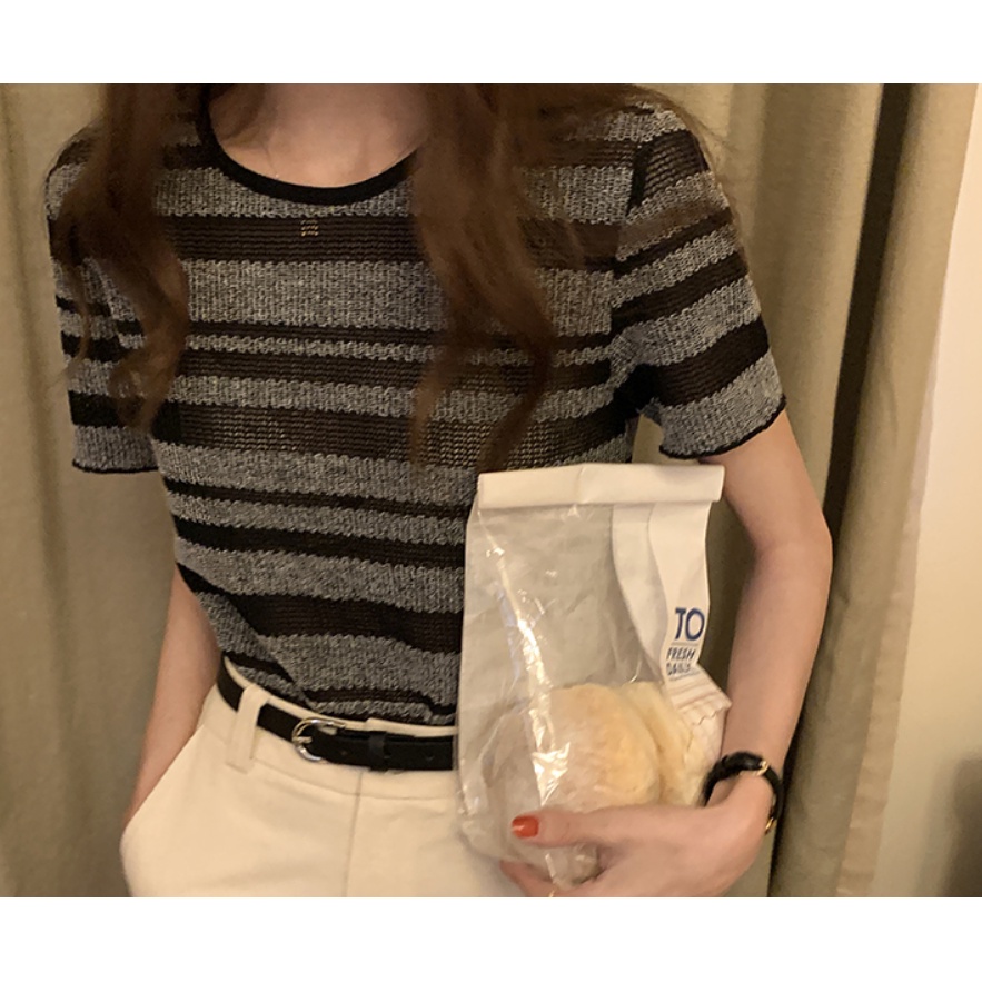 Áo Dệt Kim Ngắn Tay Cổ Tròn Họa Tiết Kẻ Sọc Thời Trang Mùa Hè Hàn Quốc