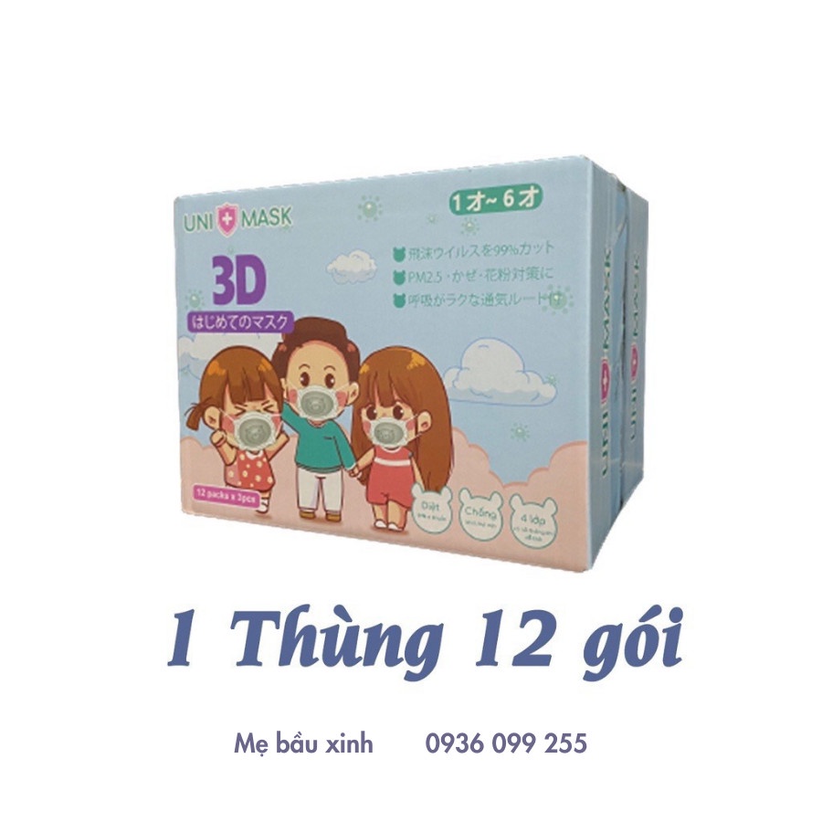 Sỉ 1 thùng 36 chiếc khẩu trang Chicmom gấu 3D cho bé từ 0-3 tuổi cao cấp Unimask, dây có nút điều chỉnh