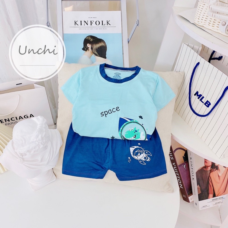 Bộ quần áo cộc tay chui cổ mùa hè vải thun lạnh phối màu Unchi bé trai 6-16kg