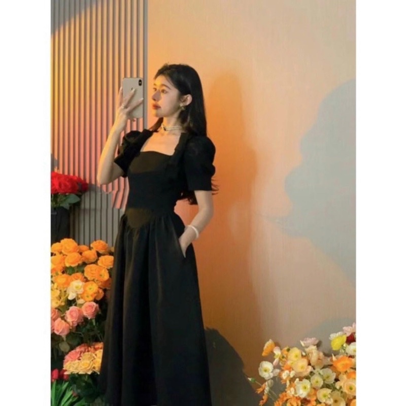 Đầm cổ vuông nơ vai tiểu thư, đáng iu Green Dress