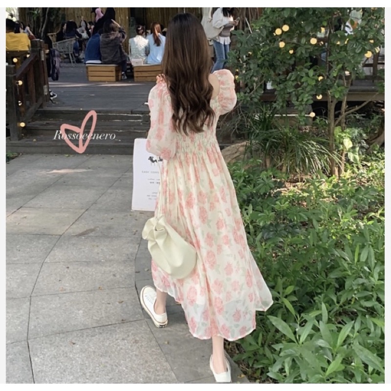 Đầm hoa nhí vintage tiểu thư ROSIE dáng dài nhún ngực hoa hồng