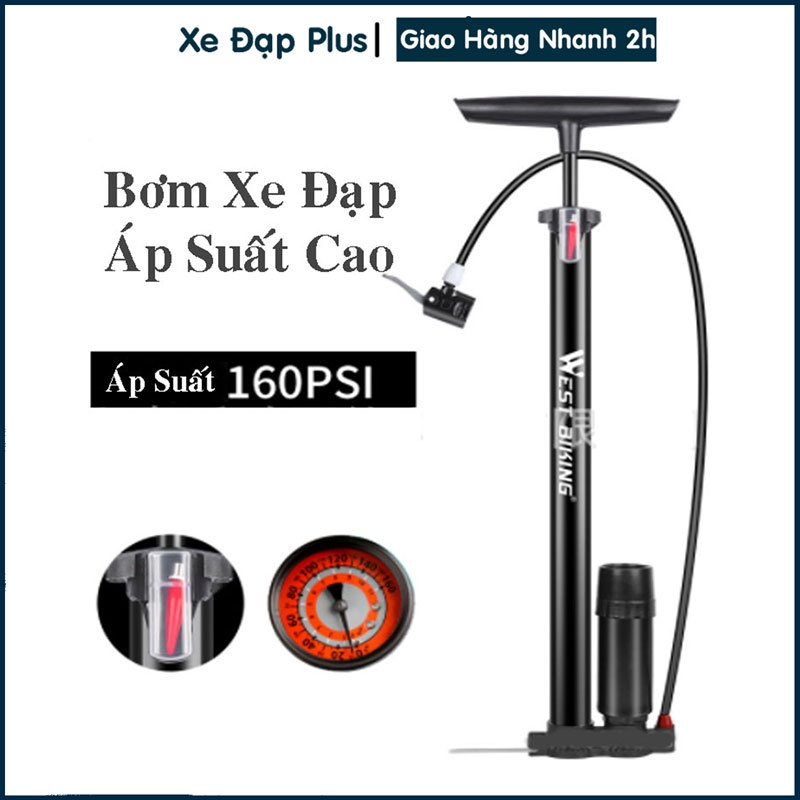 Bơm Xe Đạp, Xe Máy, Trái Banh, Bóng Bay Hợp Kim Nhôm Áp Suất Cao 160 PSI Có Đồng Hồ Thương Hiệu West Biking- Xe Đạp Plus