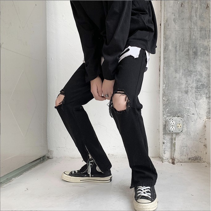 Quần jean nam màu đen 221 ống suông rách gối pon.mens hà nội hcm