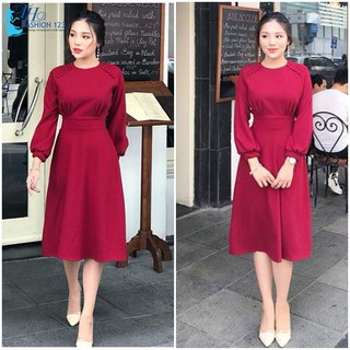 Đầm nữ váy xoè đầm dự tiệc cao cấp đi dự tiệc công sở dạo phố cổ tròn tay dài màu đỏ đô
