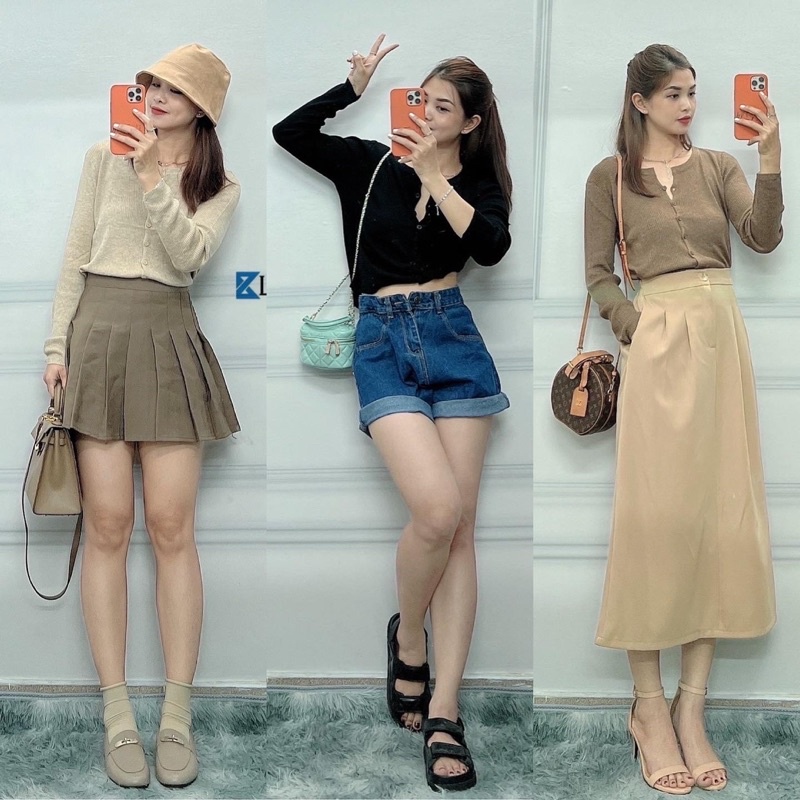 Áo len basic tay dài cổ tròn cài nút