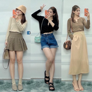 Áo len basic tay dài cổ tròn cài nút