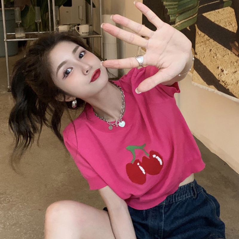 Áo thun ZHELIHANGFEI dệt kim lụa băng in họa tiết cherry phong cách đường phố ngọt ngào