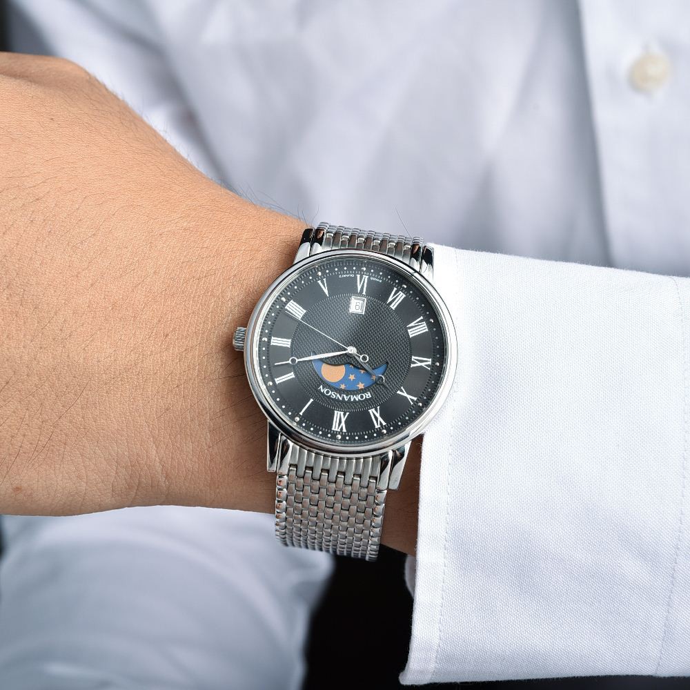 Đồng hồ Romanson Men Watch TM1274FMWBK nam dây thép mặt mỏng kính chống xước lịch Sun And Moon máy Thụy Sĩ chinh hãng