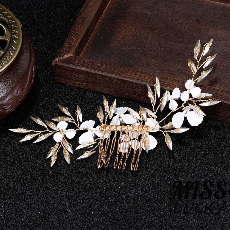 ❤HHN-VN White Leaf Flower Gold Hair Comb Pearl Bridal Hair Jewelry Handmade Wedding Accessories Wome