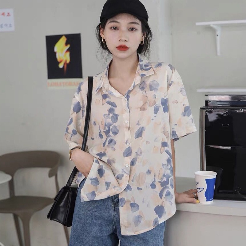 Áo sơ mi chiffon RENJIANVSHENG tay ngắn in họa tiết thời trang Hàn Quốc dành cho nữ