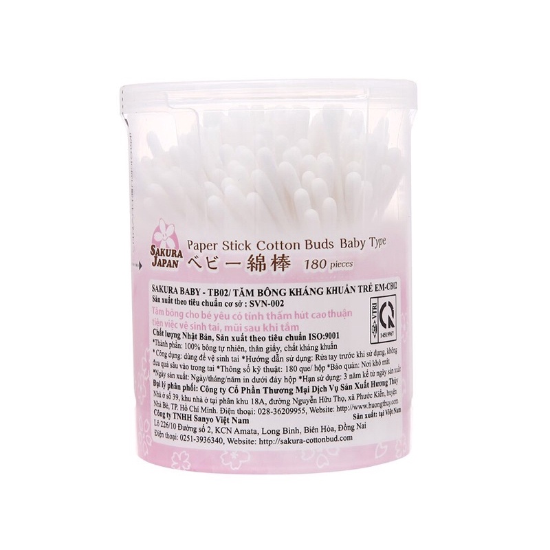 Tăm bông kháng khuẩn thân giấy Sakura baby (Tiêu chuẩn Nhật Bản) cho em bé / trẻ em 2 đầu tròn TB02 - Hộp 180 que