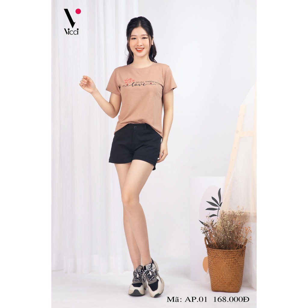 Áo phông nữ Vicci AP.01.2 chất liệu cotton vân gỗ in chữ Love