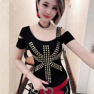 Áo kiểu tay ngắn trễ vai đính đá thiết kế quyến rũ cho nữ