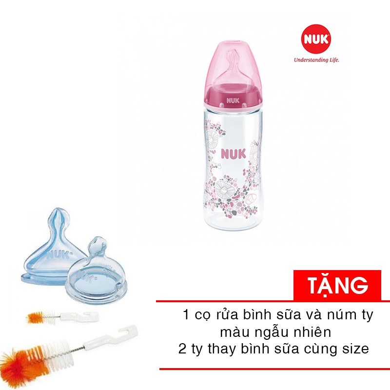 Bình sữa NUK cổ rộng PA 300ml - Ty Silicone 1M NU21473 tặng cọ rửa bình sữa và núm ty và 2 ty bình sữa cùng size