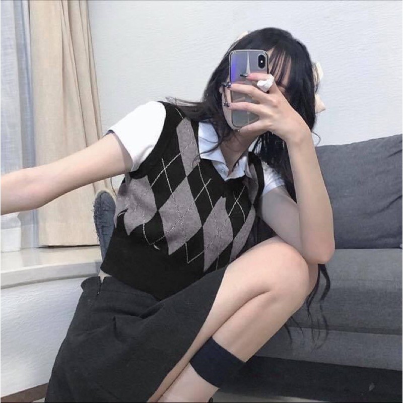 Áo len nữ gile sọc vuông ba lỗ croptop - Order taobao quảng châu