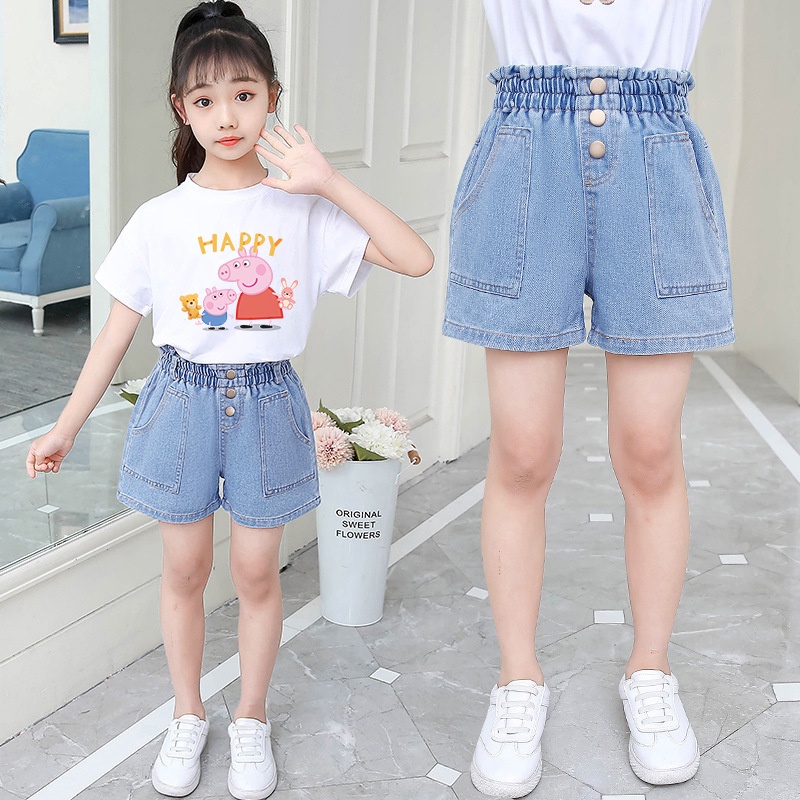 Bộ Đồ Thời Trang 2 Món Áo Thun Mềm In Hoạt Hình Phối Quần Short Jean Dễ Thương Cho Bé Gái