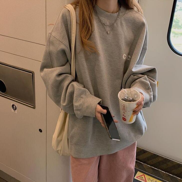 COZOK Áo sweater cổ tròn dáng rộng in chữ đơn giản phong cách Hàn Quốc thời trang