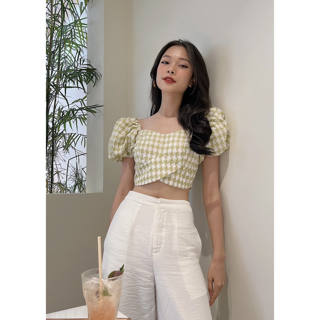 Áo Croptop Tay Phồng Khóa Kim Loại Sau Lưng Màu Xanh Dương Đan Trắng - HOO DESIGN