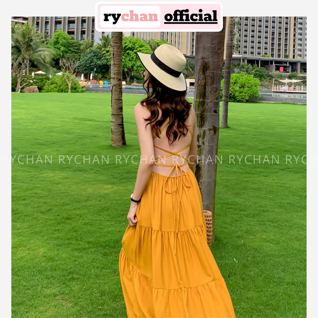 Đầm Maxi Đi Biển 2 Dây (Sẵn Mút Ngực) Màu Vàng Đan Dây Lưng, Đầm MaXi Dài Tới Mắt Cá Chân Hai Dây Đi Du Lịch Biển -DM068