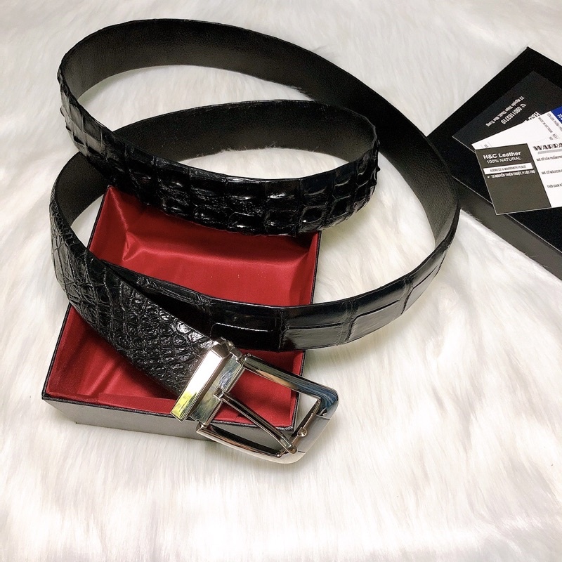 Dây thắt lưng da cá sấu thật, dành cho khách có vòng eo to, dài 1.5m, rộng 3.8cm, màu đen, đầu kim