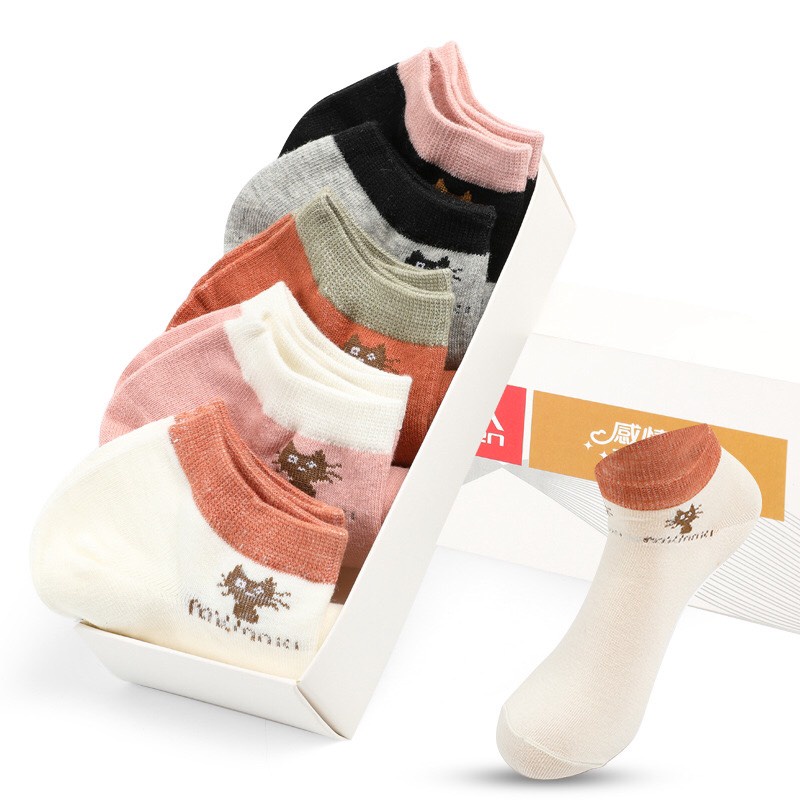 Tất Vớ Nữ Cổ Ngắn Dễ Thương Cotton Thêu Hình Mèo Cute Hàn Quốc Mỏng Thoáng Free Size PINKSTORE